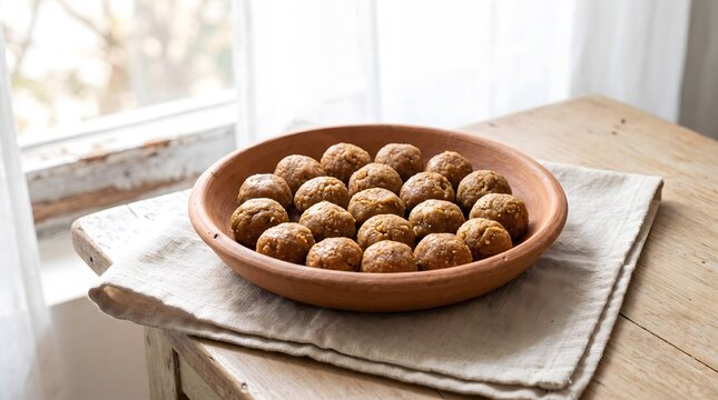 A shallow clay dish filled with nolen gur sandesh sweets sits on a wooden table near a bright window.