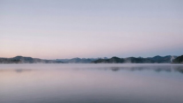 Serene morning mist over calm mountain lake waters during early dawn twilight hour with framed distant forested mountains under soft pastel sky