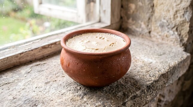 A traditional clay pot of sweet fermented yogurt sits on a rustic stone window sill.