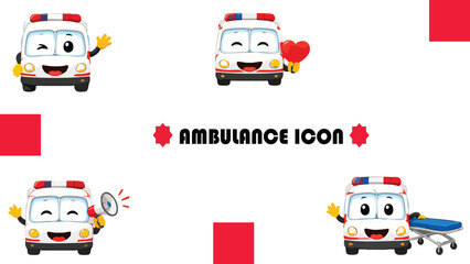 Naklejka premium Premium collection of cute ambulance mascot characters featuring emergency medical vehicles in playful poses. Excellent for healthcare education, transportation graphics, children's books, posters