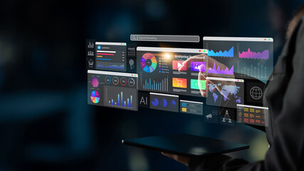 Colorful data dashboards with graphs, charts, and marketing metrics representing online campaign...