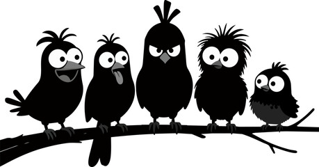 Naklejka premium Funny black bird silhouettes on a branch, cute cartoon crow characters with expressive eyes, group of five quirky avian icons on white background