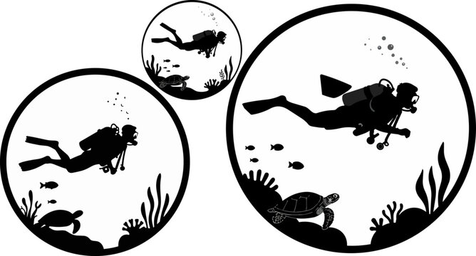 Scuba diver silhouette vector set, underwater diving icons with sea turtle and coral reef, black and white aquatic sports emblems for logos