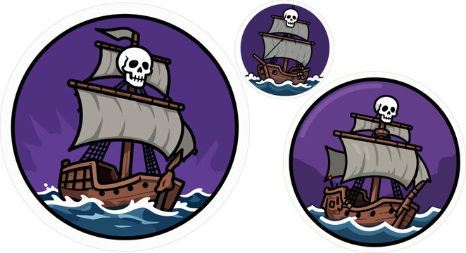 Pirate ship vector illustration with skull flag, vintage nautical sailing vessel on dark purple ocean, set of three circular maritime icons