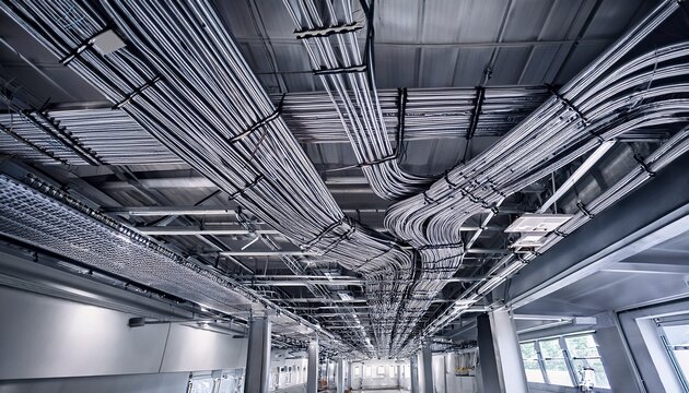 complex network of grey electrical wires and cables precisely organized on metal trays in a modern building installation a clear ceiling perspective