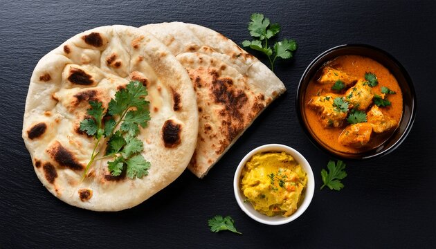 nan bread with butter chicken curry and coriander on a black table