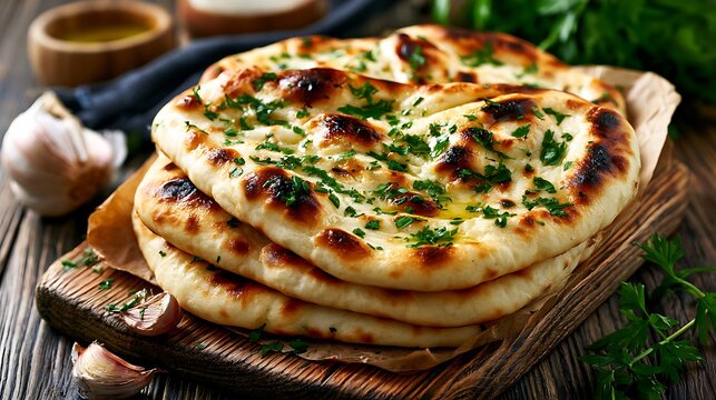 Freshly baked pizza with basil and cheese on wooden board