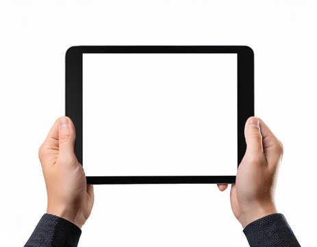hands holding black tablet in landscape orientation with white screen isolated on a white background cutout background