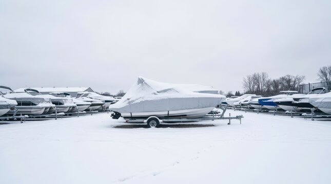 Covered boats stored outdoors in winter snow at marina lot