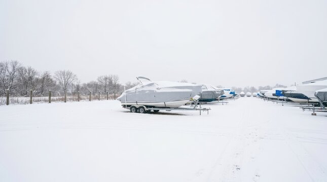 Covered boats stored outdoors in winter snow