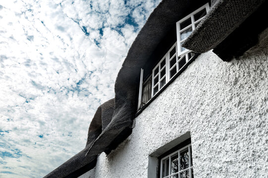 Unusual view of a newly rendered wall of an English cottage showing the thatched roof and grade 2 listed windows.