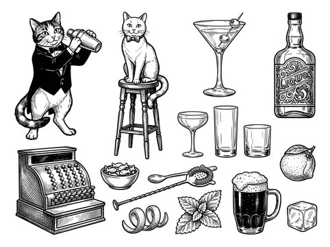 Cat bartender and vintage bar cocktail equipment set, hand-drawn black ink sketch doodle illustration