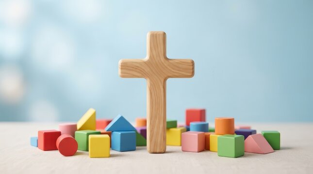 Colorful wooden toy blocks piled around a central wooden cross for religious education.