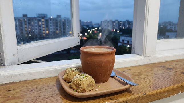 Steaming hot tea in a traditional clay cup and Indian sweets sit on a wooden windowsill overlooking a city at twilight.