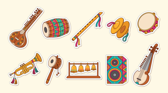 Collection of traditional Indian musical instruments and sound equipment with decorative patterns, presented as stickers.