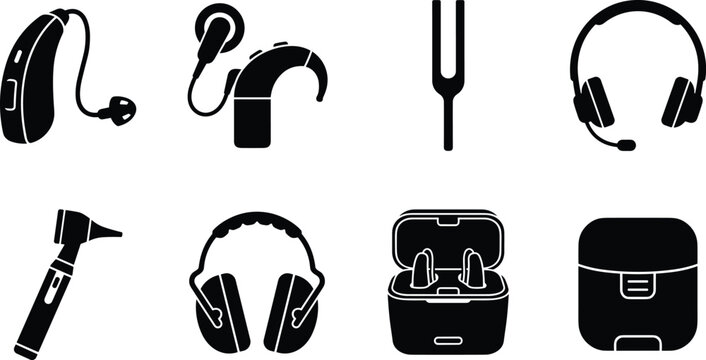 Set of audiology and hearing care vector icons featuring hearing aids, medical tools, and devices