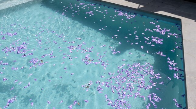 Purple jacaranda petals float on the surface of a clear blue swimming pool in bright sunlight.