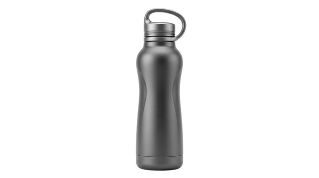 Black reusable metal water bottle with a handle for sports and fitness