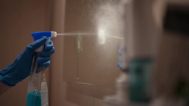 Close-up of hands in blue rubber gloves cleaning mirror. Person spraying liquid cleaner and wiping surface with microfiber cloth. Housekeeping and domestic chores concept. Shooting in slow motion.