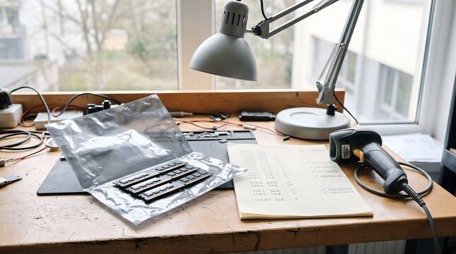 Computer memory modules in an antistatic bag on a workbench with a handwritten inventory list and barcode scanner.