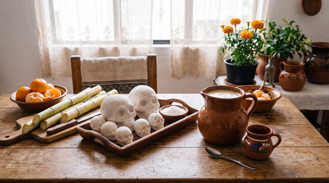 Unpainted white sugar skulls on a tray with sugarcane, mandarins and a jug of atole on a rustic table