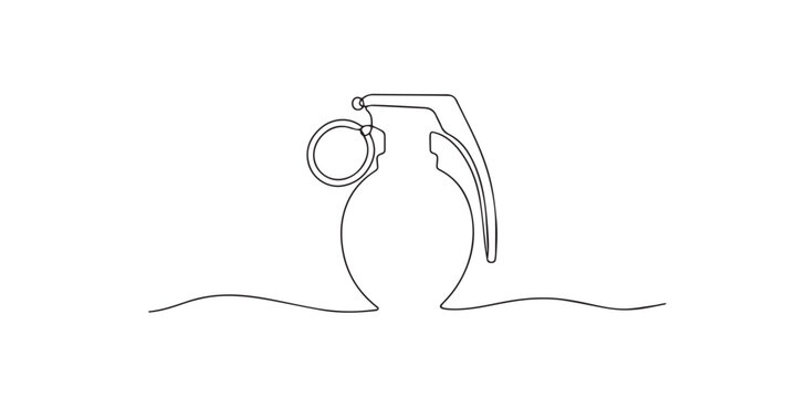 Single line hand grenade. Continuous line drawing of a classic hand grenade with safety pin. Suitable for military and defense applications. One line vector illustration.