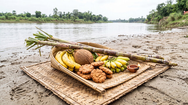 Bamboo tray of bananas, coconut, sugarcane and biscuits set out on a woven mat on a riverbank