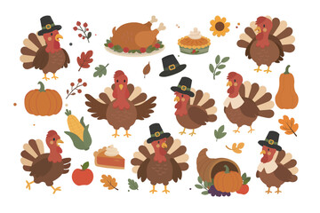 Obraz premium Cute Thanksgiving turkey collection with roasted turkey, pilgrim hats, pumpkins and autumn elements. Fall harvest set with cute birds and holiday food. Flat vector illustration isolated on white backg