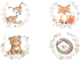Naklejka premium Cute watercolor woodland baby animals vector collection featuring a deer fox bear and hedgehog inside delicate circular floral wreaths