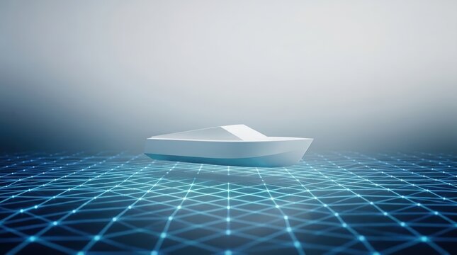 Minimalist boat model floating above illuminated digital grid