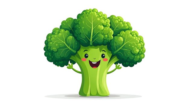 Green broccoli character with happy face on white background.