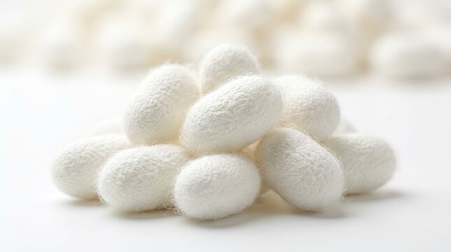 Natural silk production starting with a pile of white silkworm cocoons.