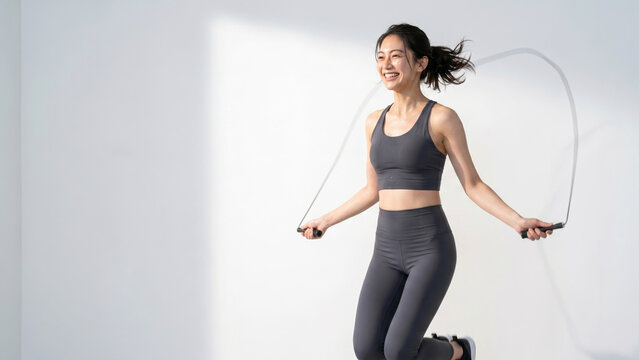 明るい自然光が差し込む白いスタジオで、笑顔で縄跳びをする健康的な若いアジア人女性。フィットネス、有酸素運動、ダイエット、アクティブなライフスタイルの商業コンセプトに最適なコピースペースのあるポートレートです。