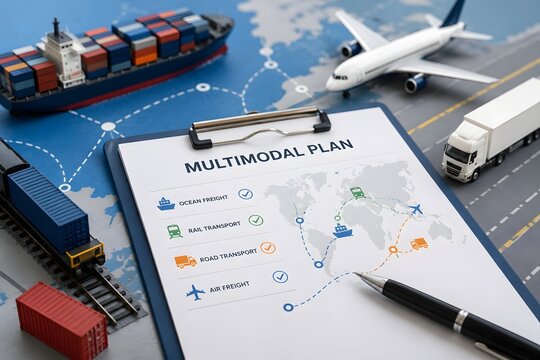 Multimodal transport plan with a ship, airplane, truck, and train representing global logistics.
