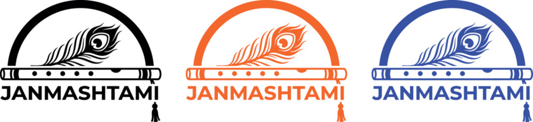 A minimalist graphic design featuring the word Janmashtami with a traditional flute and peacock feather symbol in three distinct color variations for celebration © RAC.Design-Magic