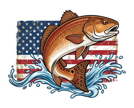 American flag background with a jumping redfish illustration for patriotic fishing designs and fourth of july celebrations