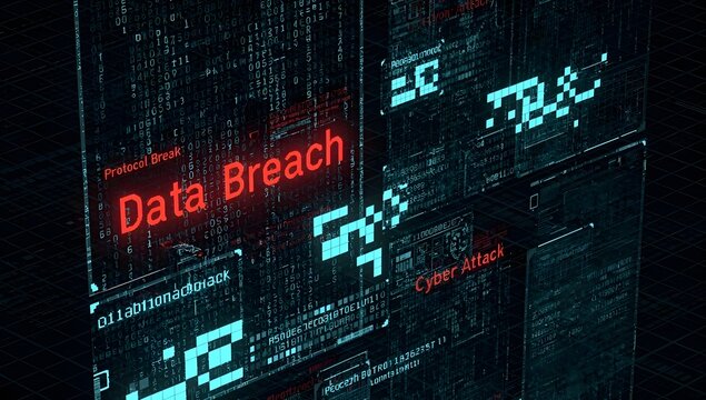 Data breach cybersecurity alert on digital network interface, information security incident concept, cyber threat detection and advanced data protection technology background