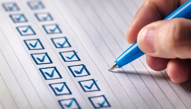 close up of a hand holding a blue pen marking checkmarks in checkboxes on lined paper