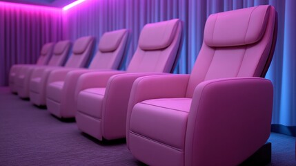 Fototapeta premium Modern reclining theater seats in pink upholstery, arranged in a row with ambient purple and blue lighting.
