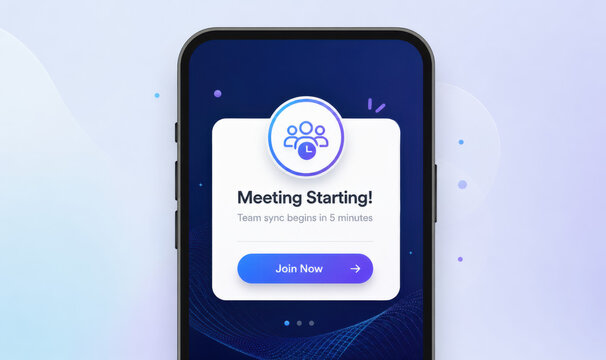 Meeting Starting! notification pop up template. Team sync business planning event reminder on smartphone screen interface mockup with join now button and blue calendar icon. Purple UI template mockup.