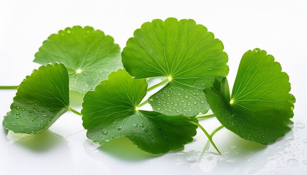 fresh green centella asiatica leaves with water droplets isolated on white background