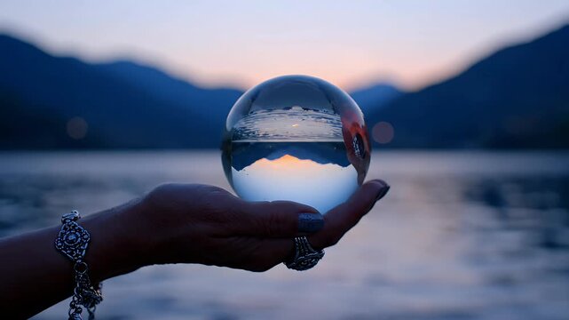 Hand holding glass ball reflecting lake and mountains
