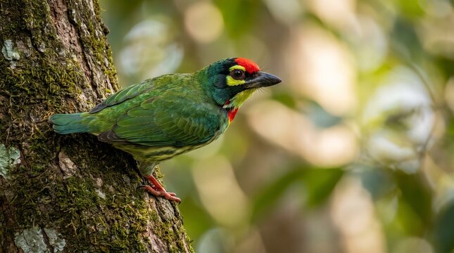 Coppersmith Barbet (Psilopogon haemacephalus) Perched on a Tree Branch &ndash; Vibrant Tropical Forest Bird