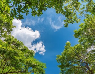 Fototapeta premium bright blue sky with scattered white clouds surrounded by vibrant green tree leaves on a sunny day