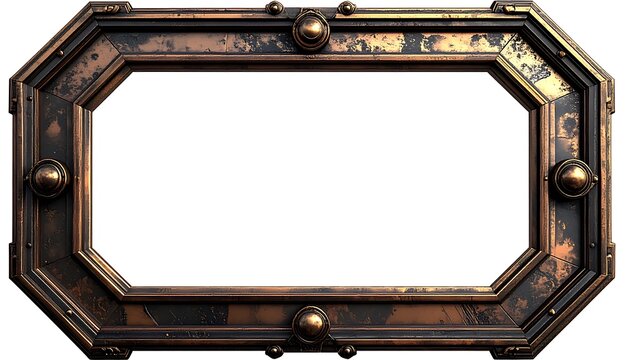 Ornate octagonal metallic frame with distressed texture, steampunk industrial design, decorative border