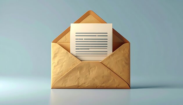 Open brown paper envelope with a white document or letter inside, conveying correspondence or message delivery, communication concept
