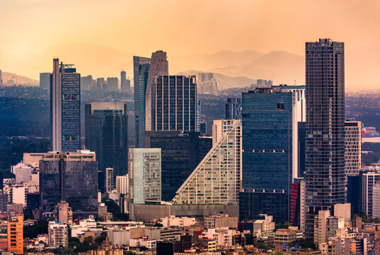 Aerial view of Mexico City skyline bat sunset. Mexico City is the capital and largest city of Mexico, as well as the most populous city in North America.