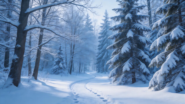 Snowy forest path with footprints
