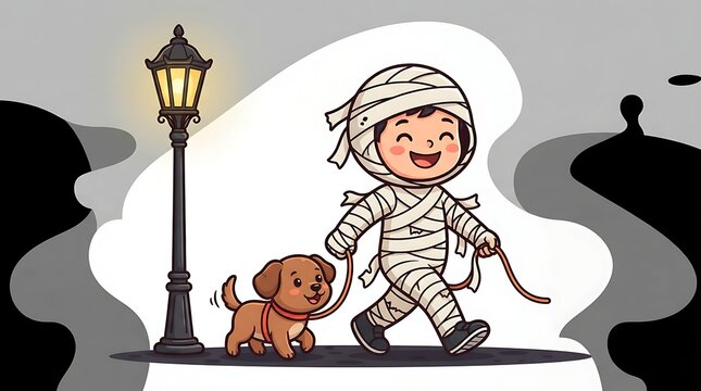 Happy child in mummy costume walking a puppy at night