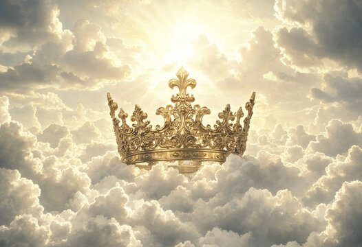 A majestic golden crown floating amidst ethereal, sunlit clouds in a heavenly sky, symbolizing royalty, power, and divine authority